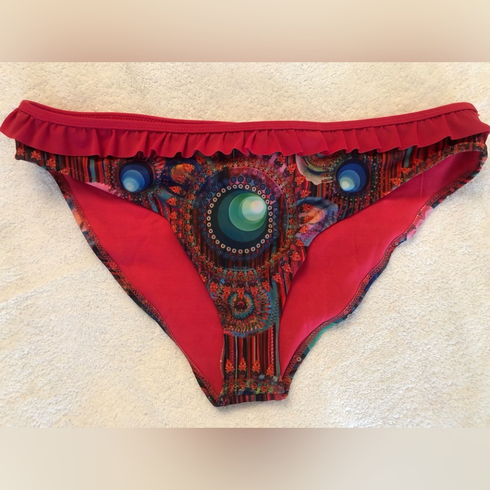 Desigual RED Ruffle Bikini Bottom with Floral Bohemian Multi Colour Print New!
